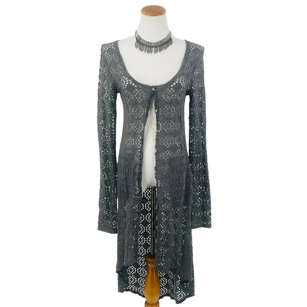 Vintage Free People Beach Gray Crochet Button Front Maxi Cardigan - Picture 5 of 16